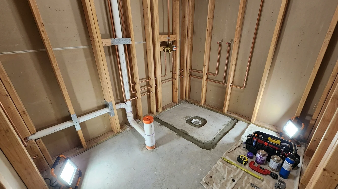 Bathroom rough-in plumbing during remodel by Johns Plumbing LLC in Silt