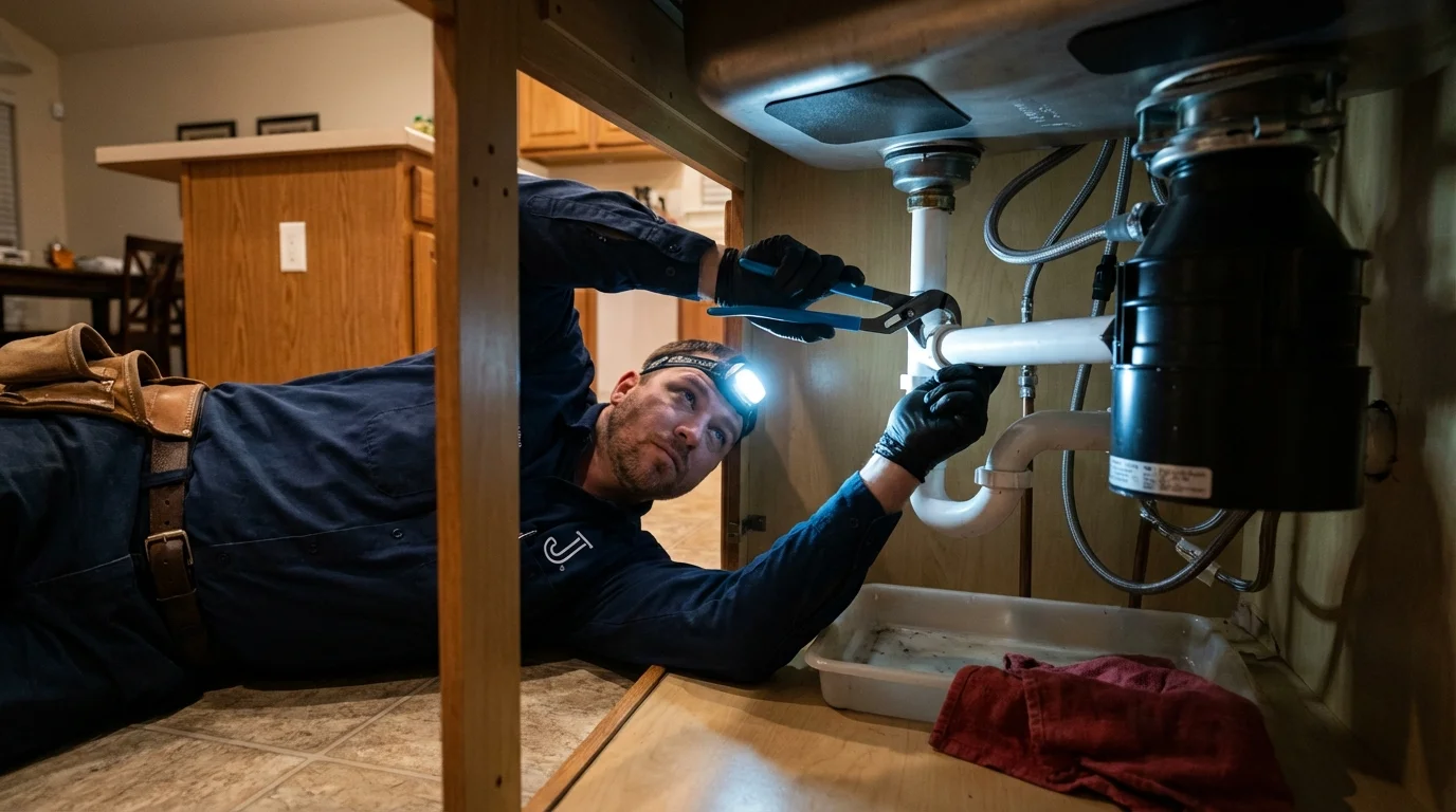 P-trap and supply line connections under a kitchen sink showing a common leak point in Silt, CO